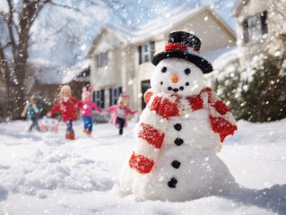 Obraz premium Snowman with Scarf and Hat in Snowy Backyard 
