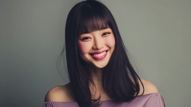 前髪を下ろし正面から見つめる女性のクローズアップ
