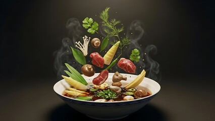 Dynamic culinary creation with fresh ingredients bursting into a steaming bowl, showcasing healthy and delicious cooking preparation