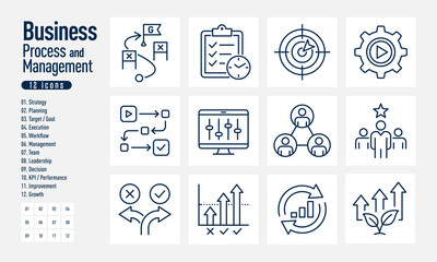 Business Process and Management Line Icons Set of 12