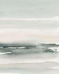 Gray and Soft Beige Coastal Mist Vertical Abstract Watercolor Landscape Hand Painted