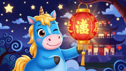 Fototapeta premium Playful Blue Horse Holding Lantern Under Starry Night, Smiling Unicorn Mascot Waves Glowing Red Chinese Lantern With Golden Character, Background Of TempleLit Village, Swirling Clouds And Festive.
