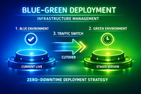 Simple blue-green deployment infographic showing zero-downtime release strategy for application updates