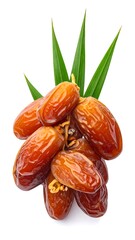 Cluster of dates and green palm leaves, isolated on white, showing fruit's wrinkles and rich brown colors