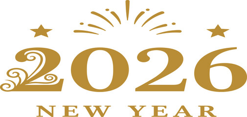 Obraz premium Elegant 2026 New Year gold typography with decorative swirls, stars, and firework burst on white background for luxury holiday celebration banner.