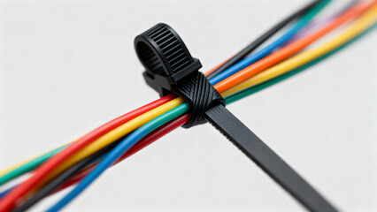 Close-up of a Black Cable Tie Holding Multiple Colorful Wires Together on a White Background
