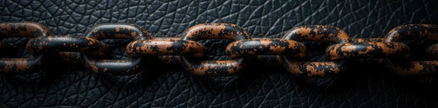 Intertwined chains on black leather; textured backdrop , close-up, kink