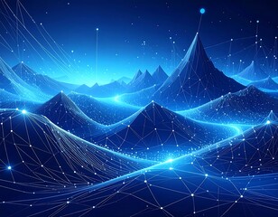 A digital landscape depicts interconnected data streams flowing across stylized mountain ranges against a dark, starry backdrop