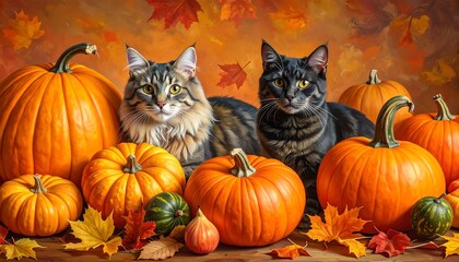 Autumnal Cats and Pumpkins - A Cozy Harvest Scene.