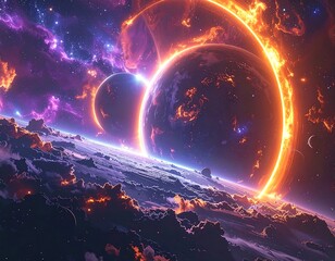 Cosmic celestial bodies surrounded by glowing rings