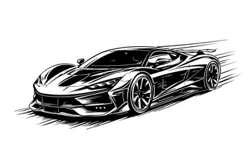 Black and white clean vector illustration of an electric hypercar accelerating forward