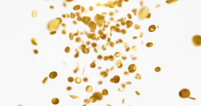 Golden coins cascading down against a white background, creating a festive and celebratory atmosphere