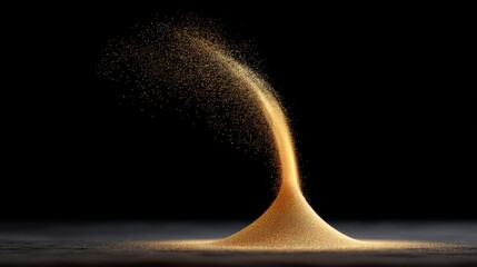 Fine golden sand pouring in a graceful arc from a heap against a dark background, highlighting texture and movement in a captivating visual display