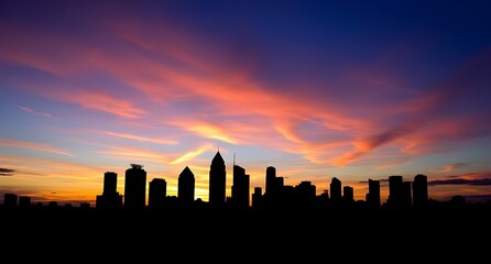 Jakarta Indonesia Skyline Silhouette at Sunset, Urban Cityscape Panorama