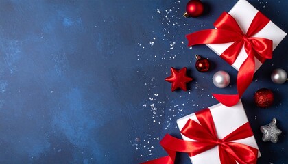 Giftboxes with red ribbons and Christmas ornaments on a blue background with snowfall