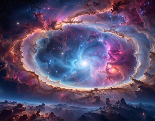 Cosmic swirl of nebula and stars, surrounded by celestial glow