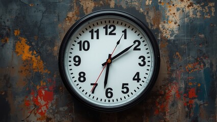 A close-up of an analog clock on a rusty metal background with peeling paint and black hands showing a specific time