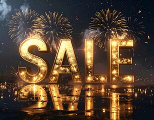 Large golden letters spell "SALE" with fireworks at night
