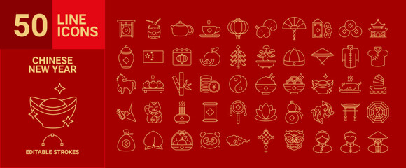 Chinese New Year editable stroke line icon set