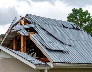 Damaged corrugated metal roof structure following a weather event