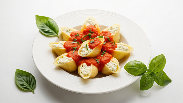 stuffed pasta shells on a white plate with basil