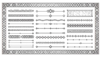 Elaborate frame borders and dividers, with intricate geometric patterns in grayscale, suitable for decorative use