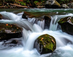Long exposure shot of a cascading river flowing over mossy rocks