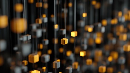 Abstract visualization of floating cubes in focus, highlighting the interplay of light and shadow in a dynamic digital environment