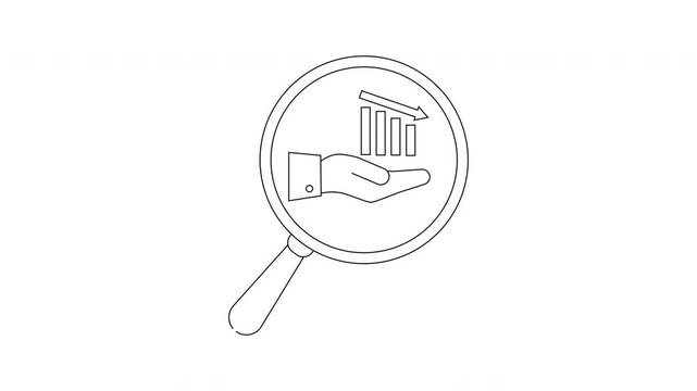A magnifying glass focuses on a hand holding a declining bar graph and an arrow pointing downward