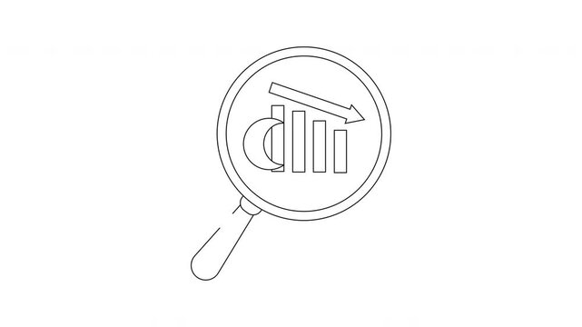 A magnifying glass focuses on a graph showing a downward trend with an arrow pointing down