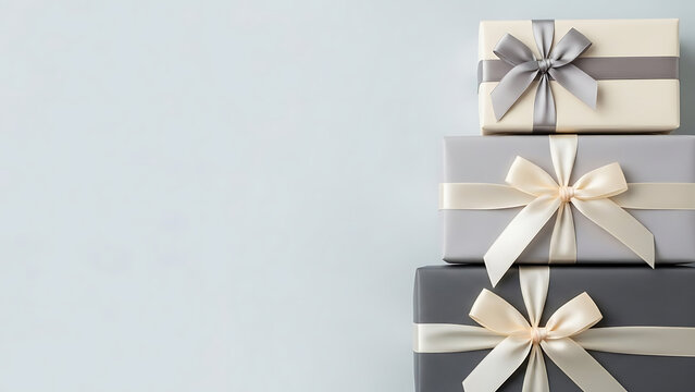 Elegant stack of three wrapped gift boxes with ribbons on a light background, perfect for celebrations.