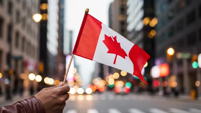 Canadian Flag Waving in Vibrant Urban Cityscape