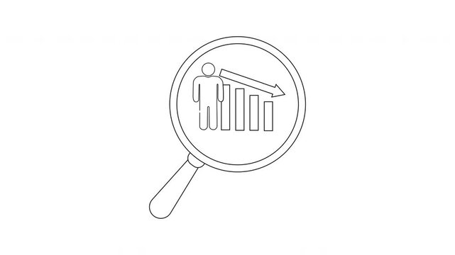 A magnifying glass focuses on a person icon next to a descending bar graph with a downward arrow