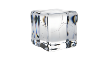 Clear cracked ice cube with internal fractures, isolated on transparent background, symbolizing cold, refreshment, and frozen water.