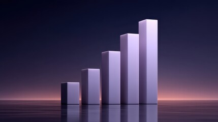 Abstract 3D bar graph with rising trend representing growth and success in a modern business environment, dramatic lighting and gradient background