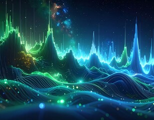 Digital landscape with glowing lines, vibrant colors, and starfield