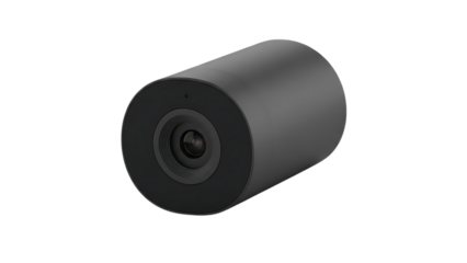 Modern surveillance security camera with lens, isolated on transparent background, technology concept for monitoring and protection.