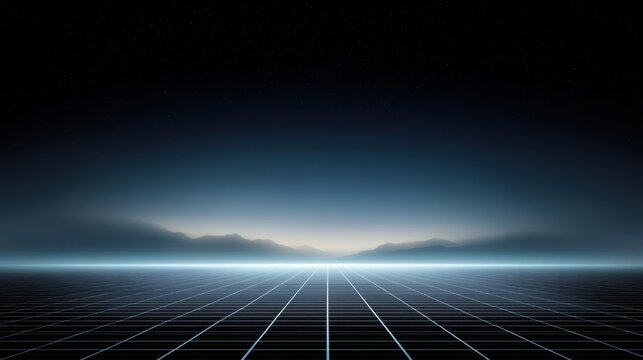 Futuristic Landscape with Grid Pattern and Smooth Gradient Horizon at Dawn Under Starry Sky