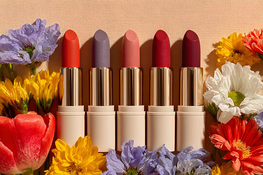 Fashion colorful lipsticks sun shadows from flowers on beige background flat lay top view. Beauty and cosmetics background. Decorative cosmetics makeup women's lipstick beauty brand product design
