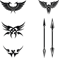 Obraz premium Collection of black tribal wing emblems, ancient warrior spears, and sharp decorative silhouettes for body art and graphic design.