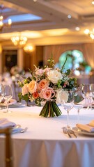 Table bouquet centerpiece, soft peach and white flowers, elegant setting, blurred background, bright and airy mood