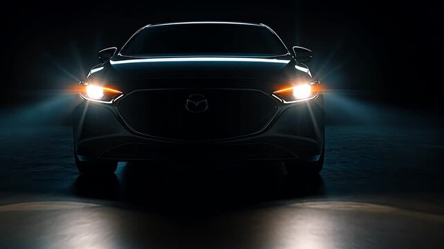 A dark car with bright headlights on in a low-light setting, showcasing its front design and illuminated path.