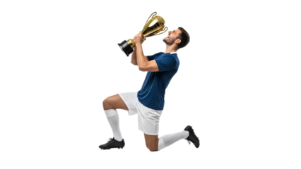 Triumphant athlete kneeling on one knee, holding a trophy aloft in celebration, isolated on a white background.