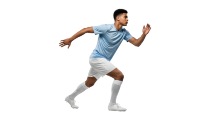 A male soccer player in a blue jersey and white shorts is running on a white background transparent