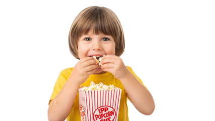A young girl enjoying a snack of popcorn in a casual setting on transparent background