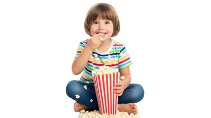 A young girl enjoying popcorn while sitting on a pile of snacks on transparent background