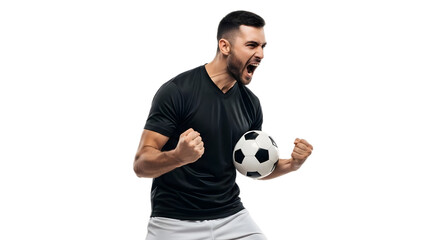 Man celebrating with a soccer ball in his hand, expressing joy and triumph on transparent background