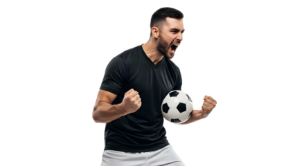 Man celebrating with a soccer ball in his hand, expressing joy and triumph on transparent background
