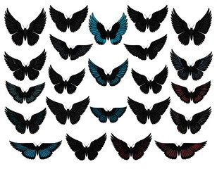 Assortment of wings of various colors displayed in a grid pattern on a white background with a dark outline