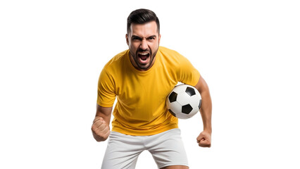 Man in yellow jersey holding soccer ball and celebrating victory in a sports stadium on transparent background